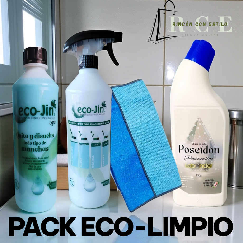 PACK ECO-LIMPIO: ECO-JIN A ELEGIR CON DIFUSOR+ POSEIDÓN + BAYETA DOBLE CARA PARA LIMPIEZA EFECTIVA Y VERSÁTIL.